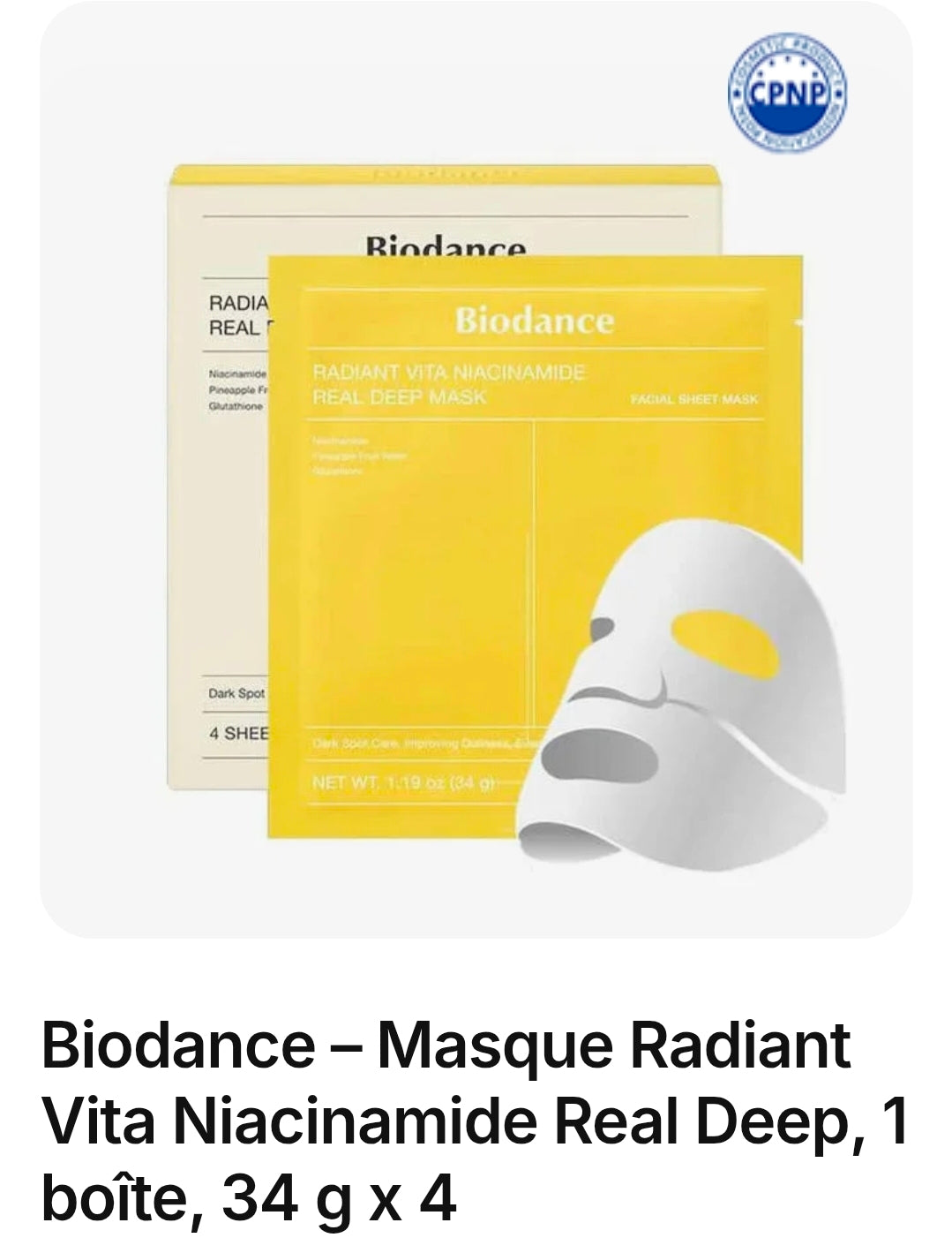 Biodance – Masque Radiant Vita Niacinamide Real Deep, 1 boîte, 34 g x 4