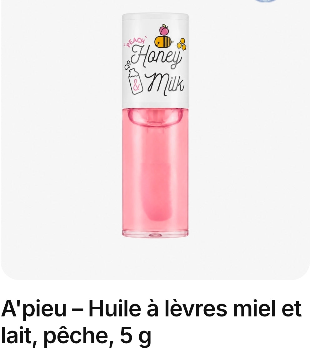 A'pieu – Huile à lèvres miel et lait, pêche, 5 g